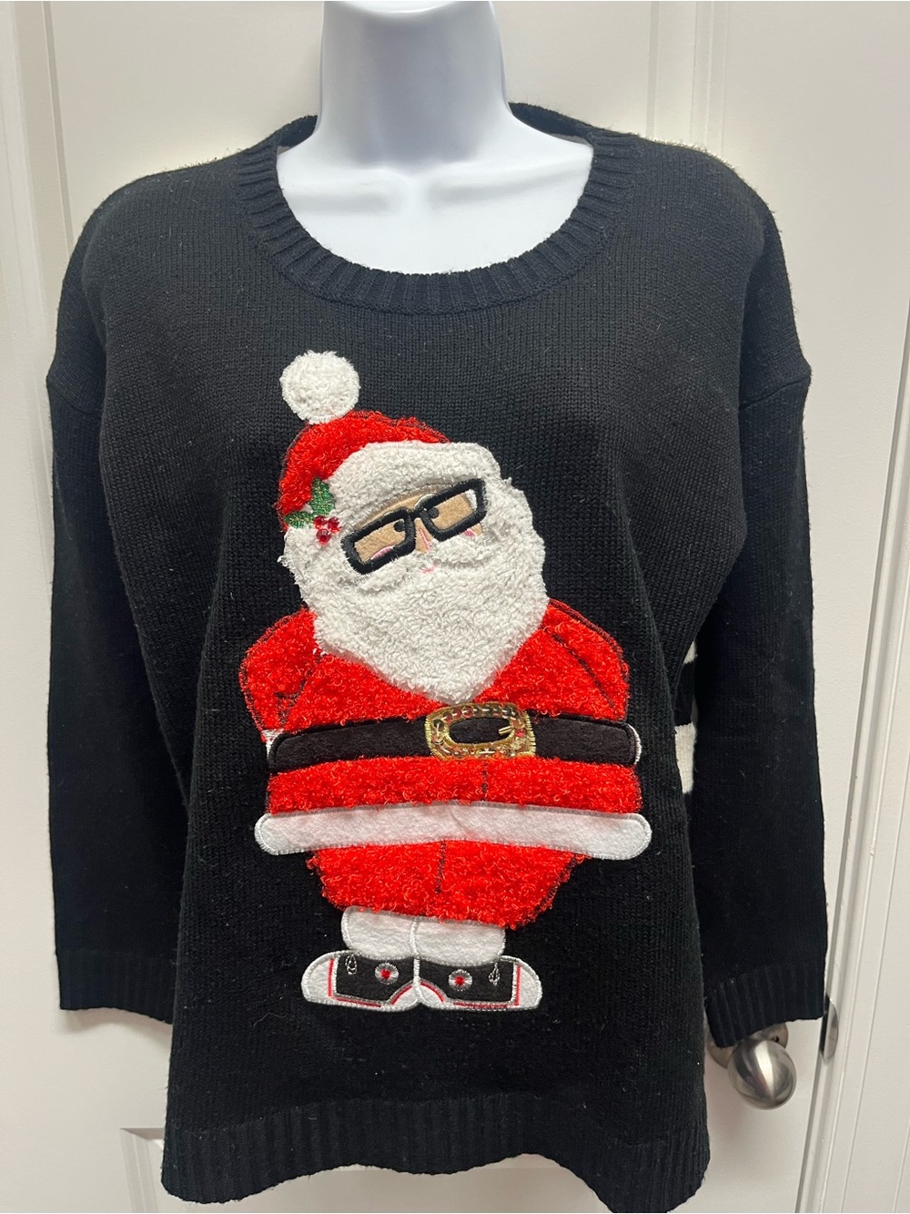 Ugly Christmas Sweater Hipster Santa Glasses Black Striped Crewneck Knit Sz L